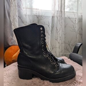 Roots Canada Tall Lace Up Heeled Genuine Black Leather Boots